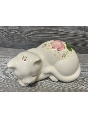 Hand Painted Ceramic Sleeping Cat Figurine White Floral Design 7” X 4.5”